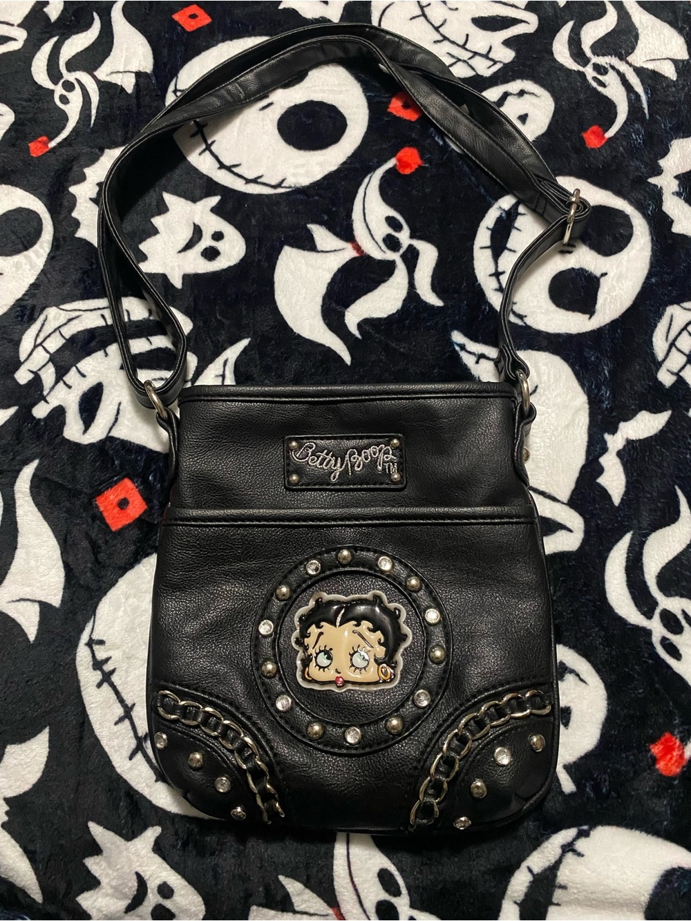 Betty Boop Black Faux Leather Studded Crossbody Bag with Character Applique